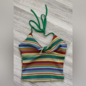 935: Boture Multi Colored Striped Crochet Halter Tank Top - XS